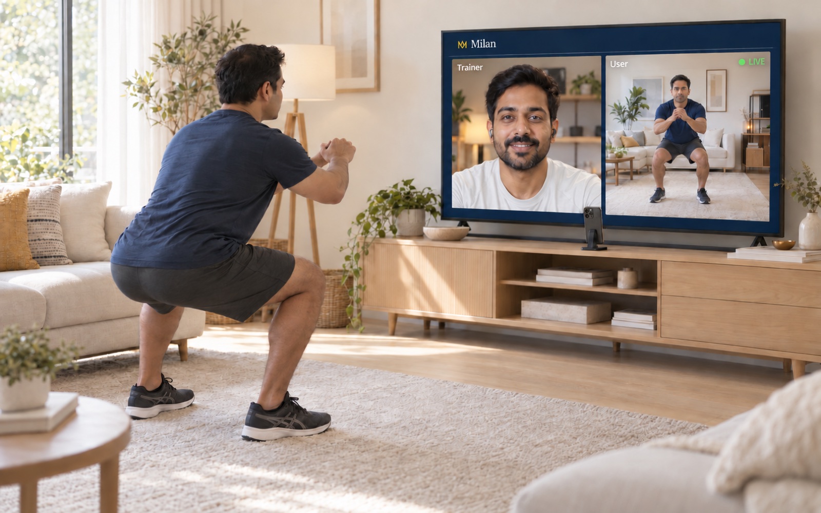 A man does a squat in his living room. His TV shows his trainer on one side and his own live video on the other. His phone films him from a stand under the TV.